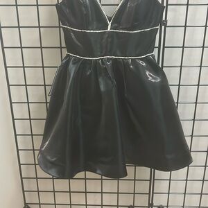 Elegant Black Satin Dress with Pearl Trim